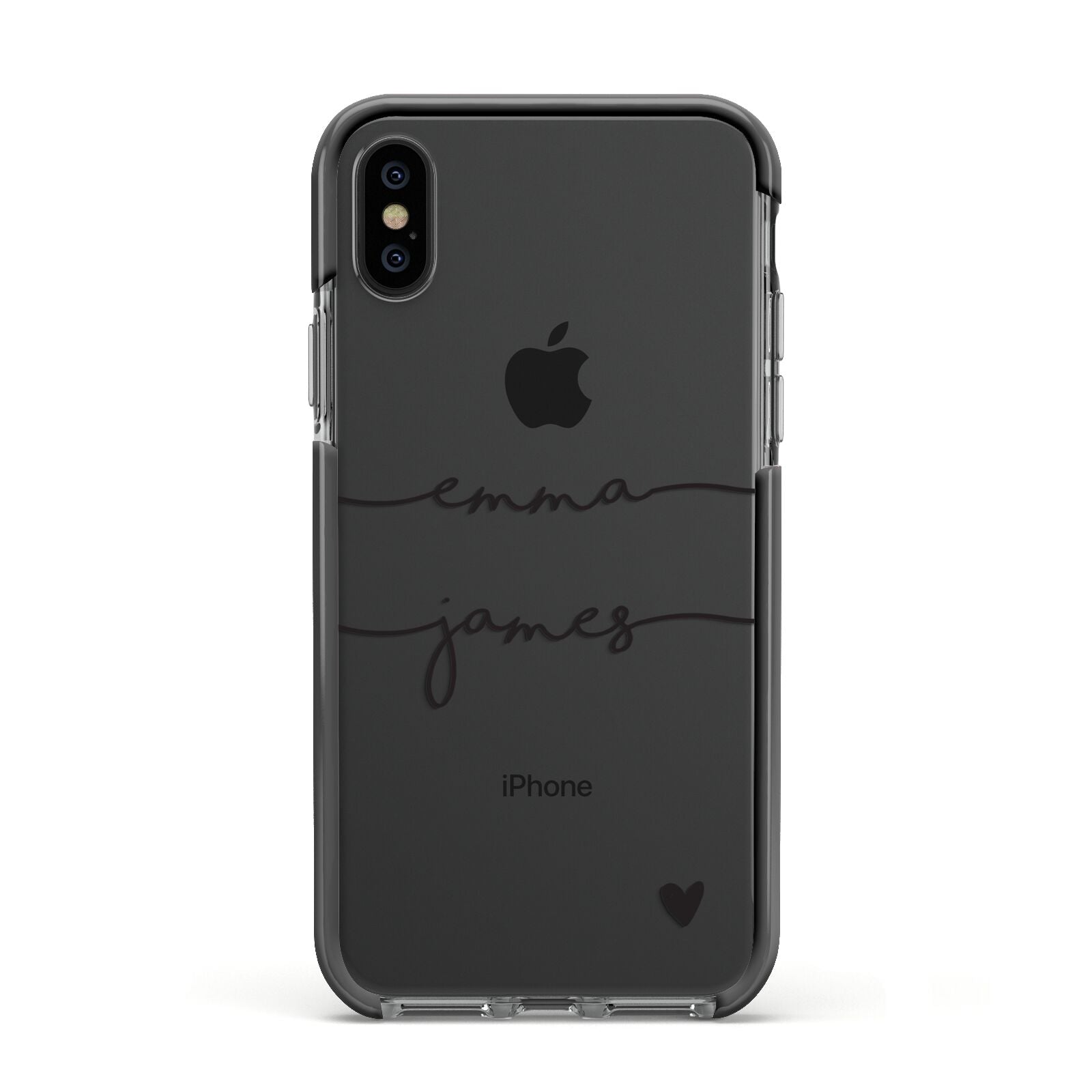 Personalised Black Couples Two Names Heart Apple iPhone Xs Impact Case Black Edge on Black Phone