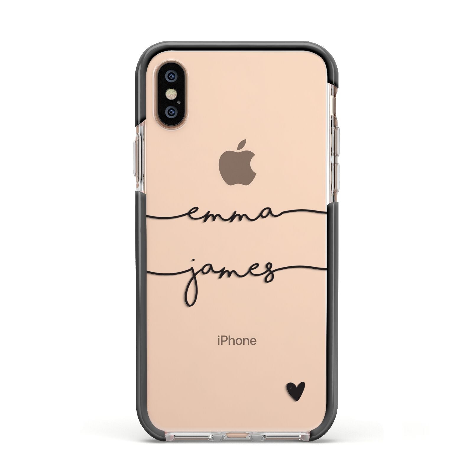 Personalised Black Couples Two Names Heart Apple iPhone Xs Impact Case Black Edge on Gold Phone