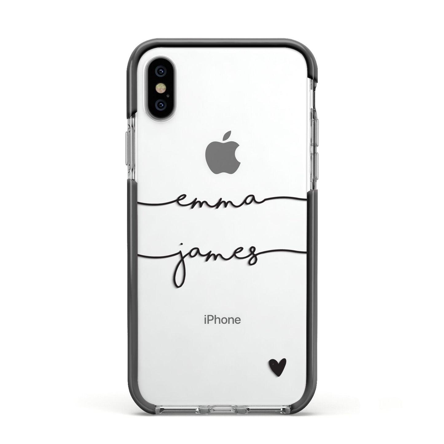 Personalised Black Couples Two Names Heart Apple iPhone Xs Impact Case Black Edge on Silver Phone