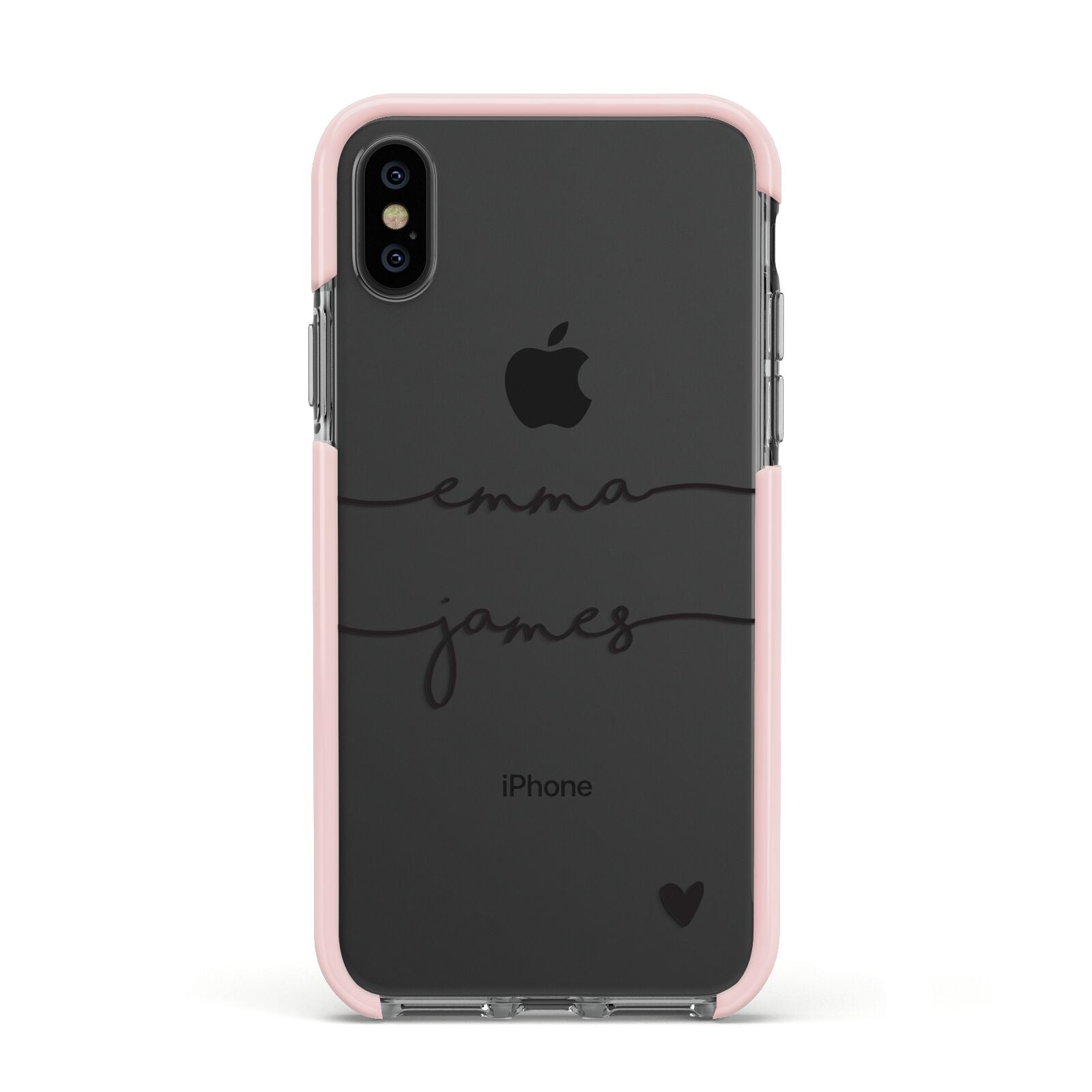 Personalised Black Couples Two Names Heart Apple iPhone Xs Impact Case Pink Edge on Black Phone