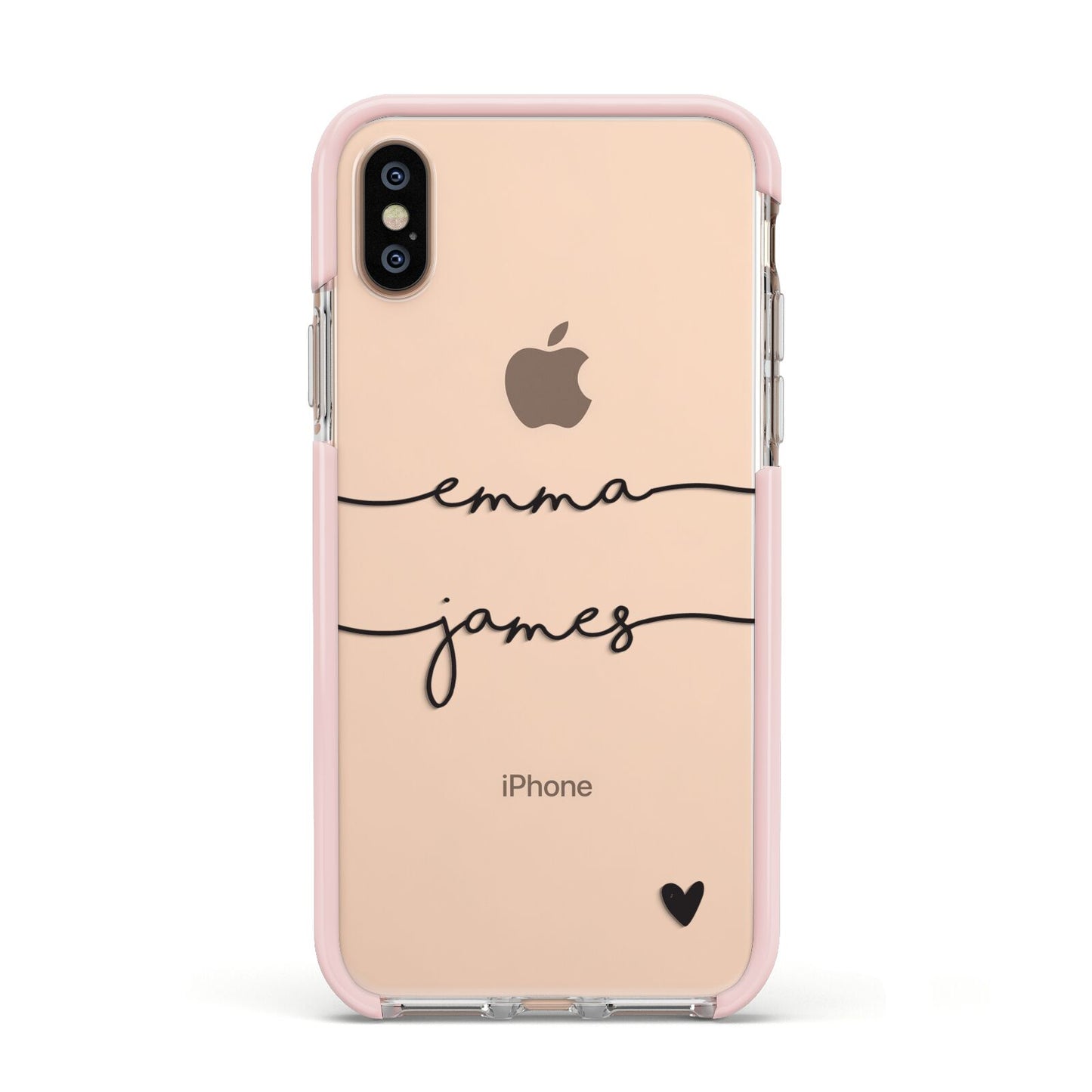 Personalised Black Couples Two Names Heart Apple iPhone Xs Impact Case Pink Edge on Gold Phone