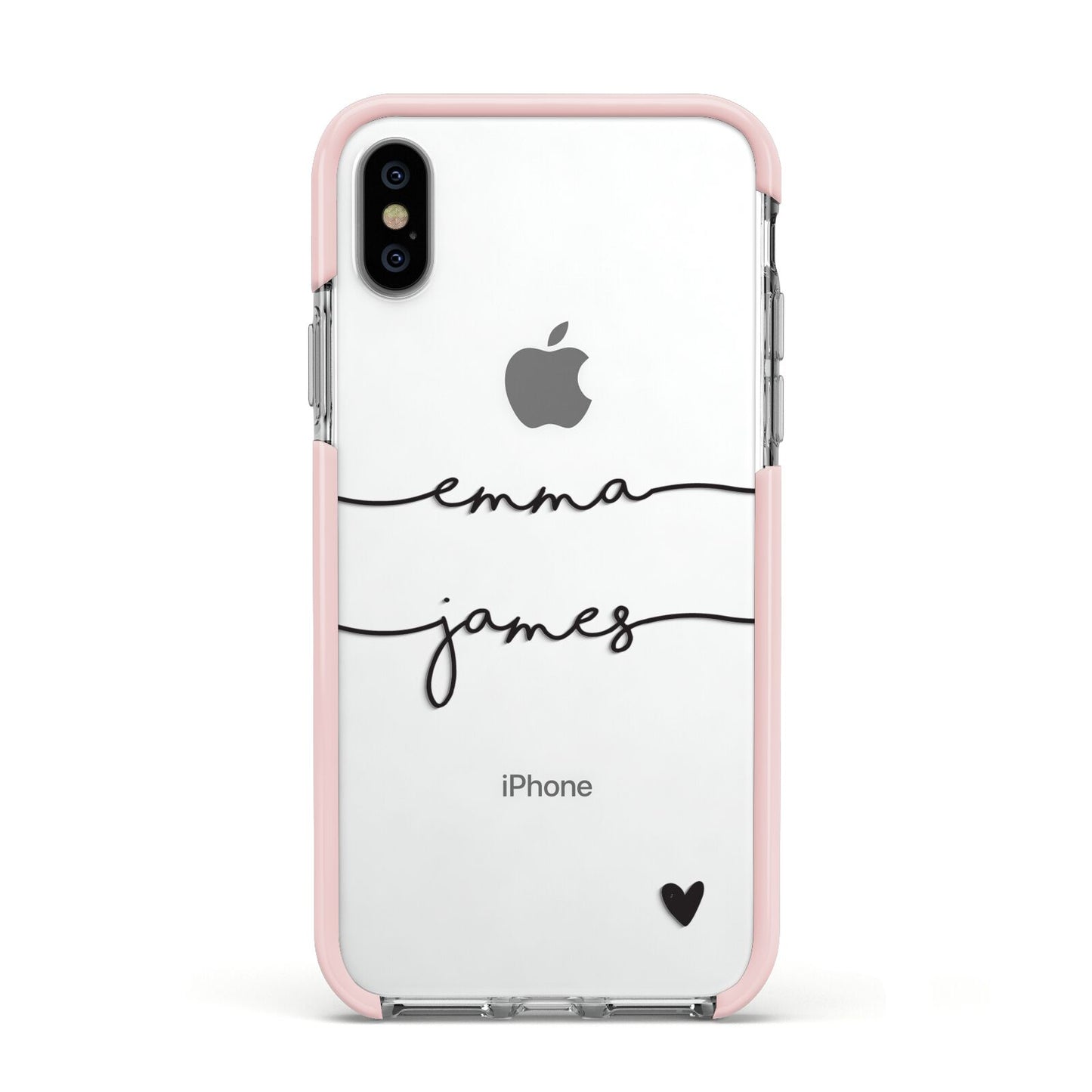 Personalised Black Couples Two Names Heart Apple iPhone Xs Impact Case Pink Edge on Silver Phone