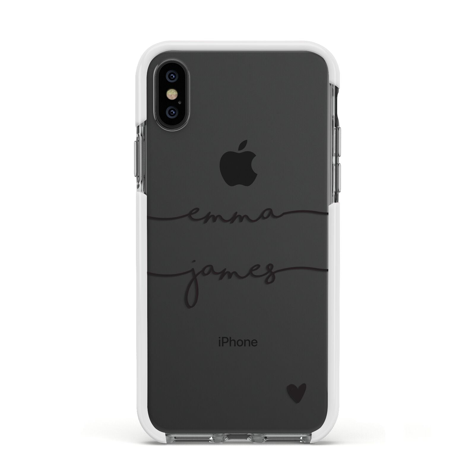 Personalised Black Couples Two Names Heart Apple iPhone Xs Impact Case White Edge on Black Phone