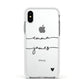 Personalised Black Couples Two Names Heart Apple iPhone Xs Impact Case White Edge on Silver Phone