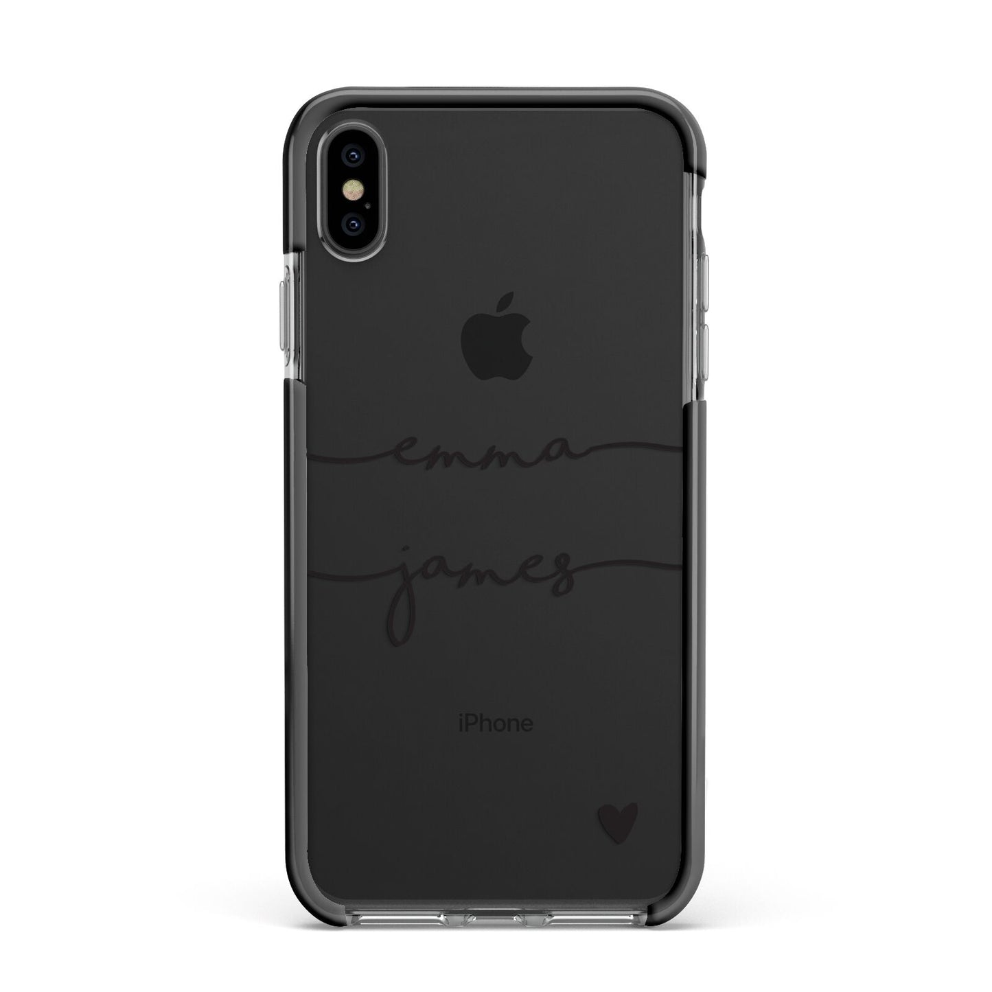 Personalised Black Couples Two Names Heart Apple iPhone Xs Max Impact Case Black Edge on Black Phone