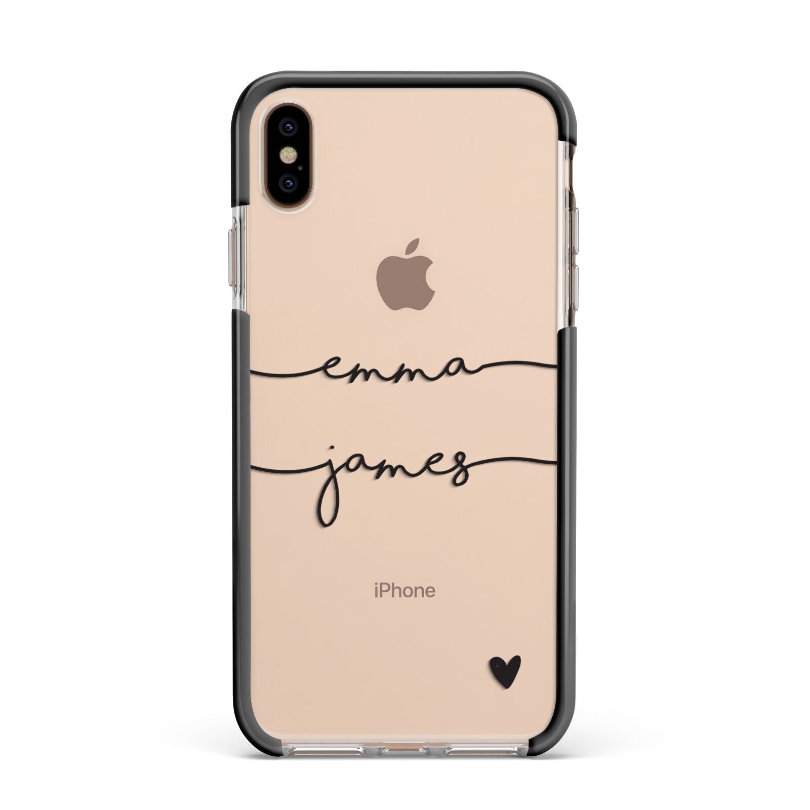 Personalised Black Couples Two Names Heart Apple iPhone Xs Max Impact Case Black Edge on Gold Phone