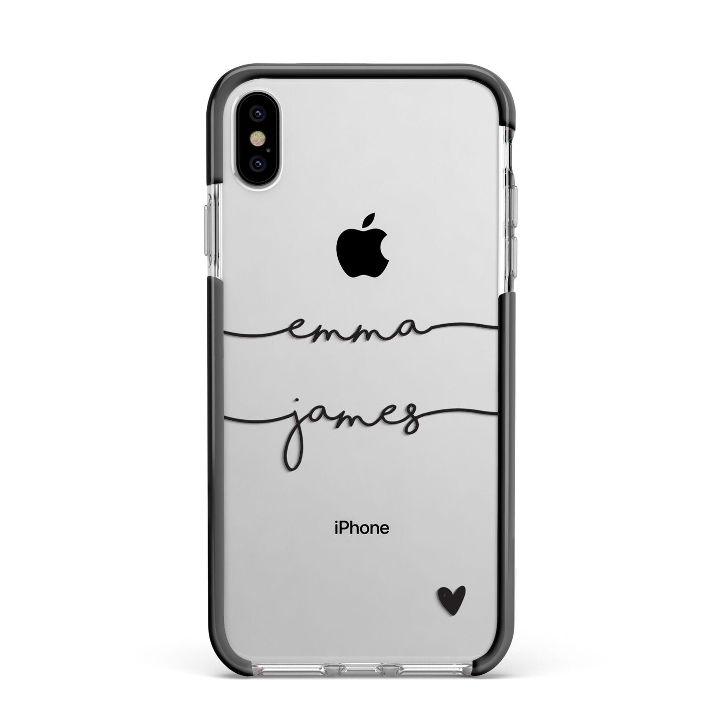 Personalised Black Couples Two Names Heart Apple iPhone Xs Max Impact Case Black Edge on Silver Phone