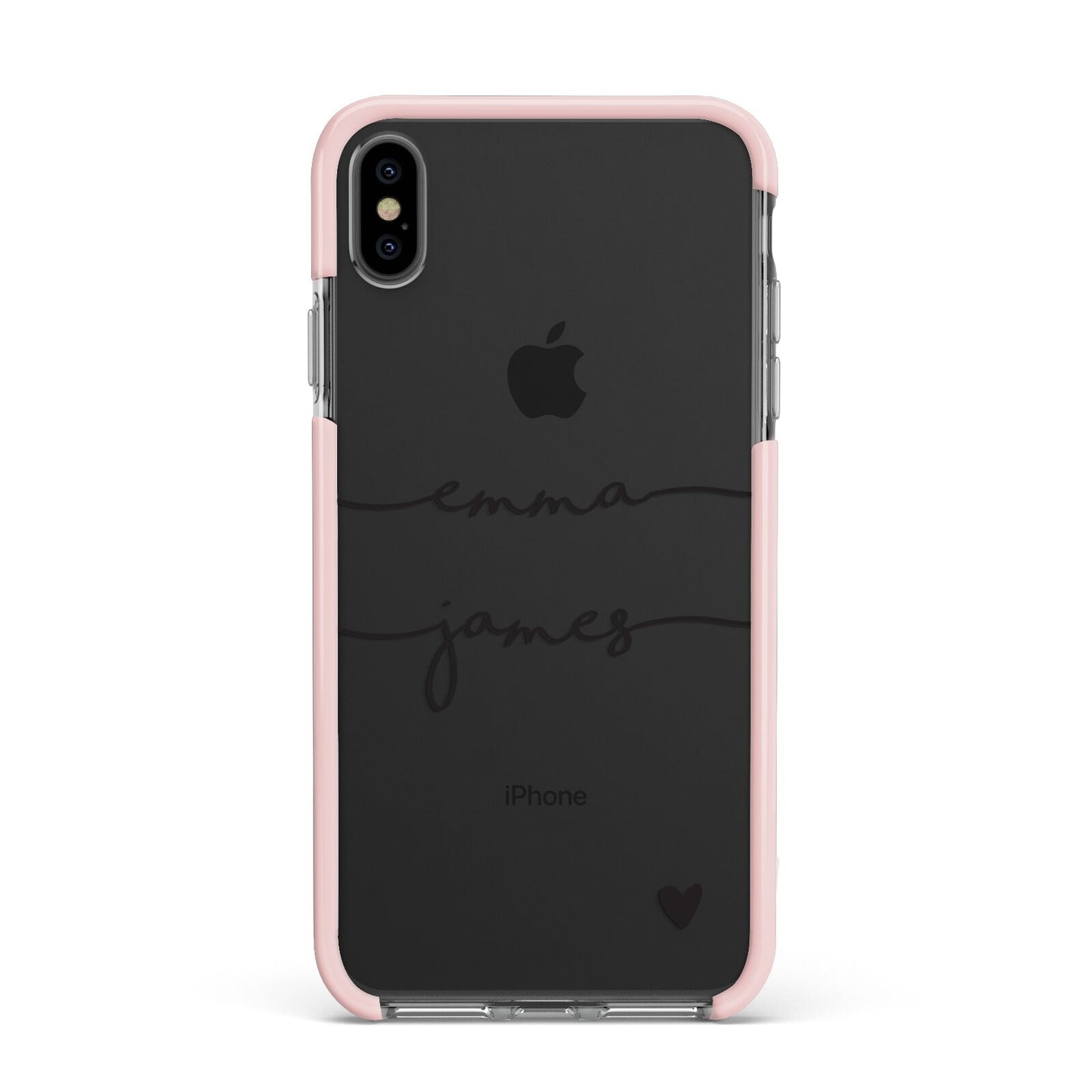 Personalised Black Couples Two Names Heart Apple iPhone Xs Max Impact Case Pink Edge on Black Phone
