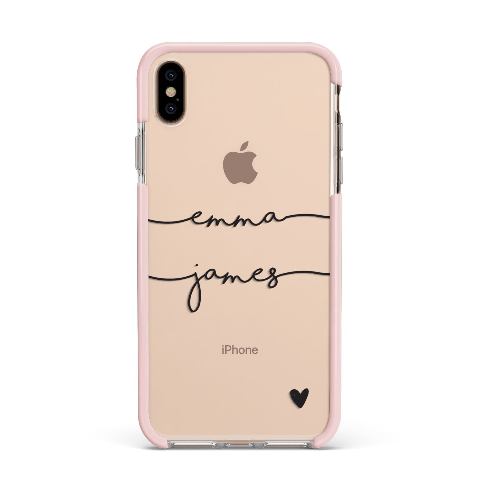 Personalised Black Couples Two Names Heart Apple iPhone Xs Max Impact Case Pink Edge on Gold Phone