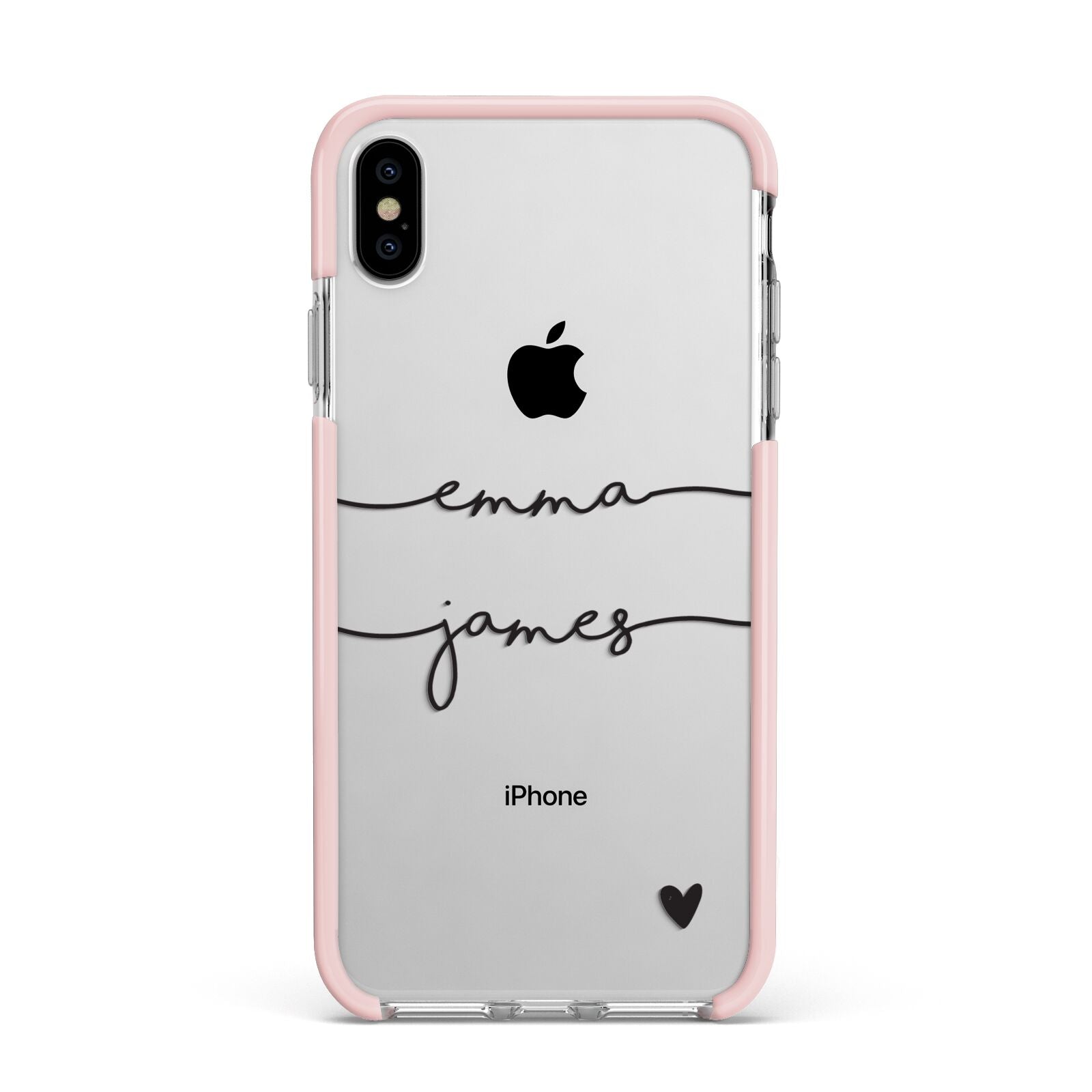 Personalised Black Couples Two Names Heart Apple iPhone Xs Max Impact Case Pink Edge on Silver Phone