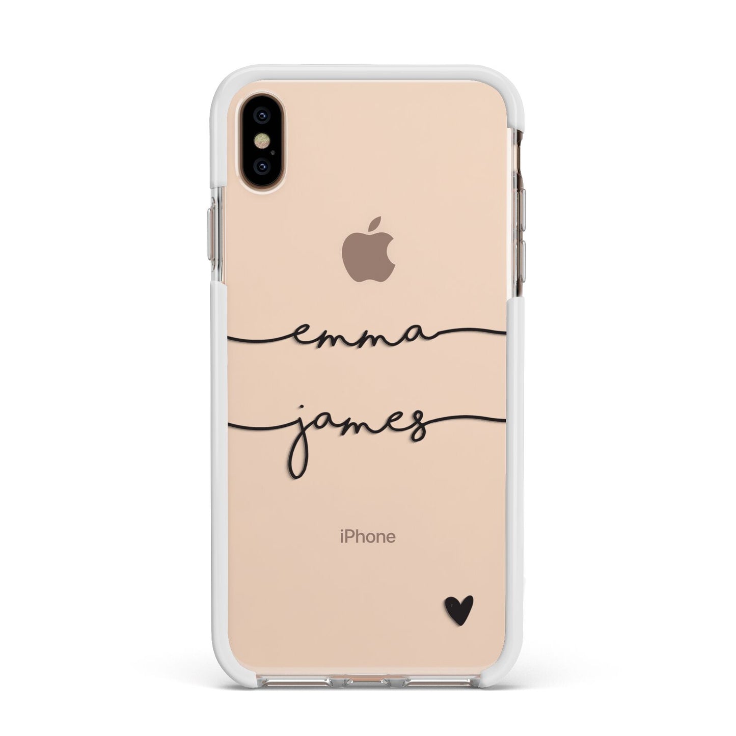 Personalised Black Couples Two Names Heart Apple iPhone Xs Max Impact Case White Edge on Gold Phone