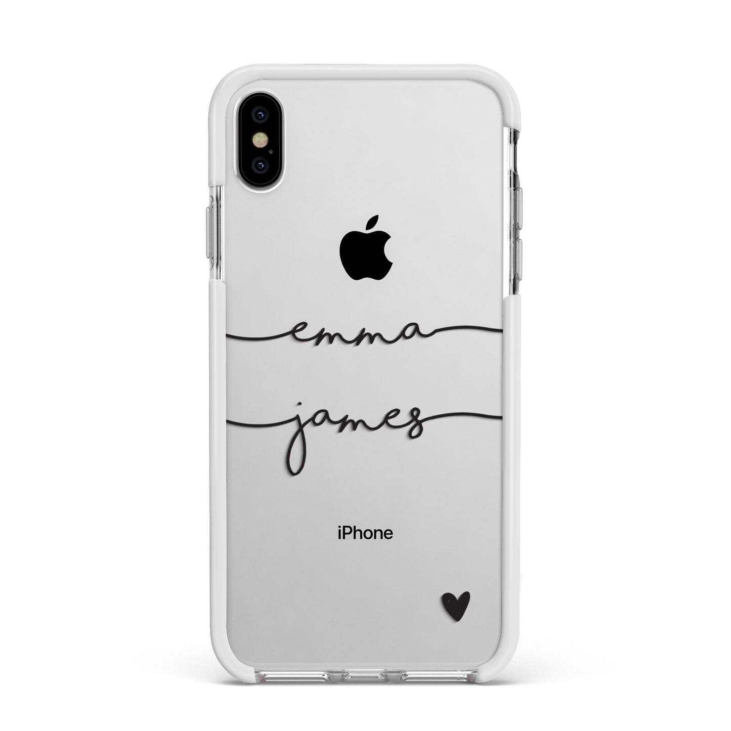 Personalised Black Couples Two Names Heart Apple iPhone Xs Max Impact Case White Edge on Silver Phone