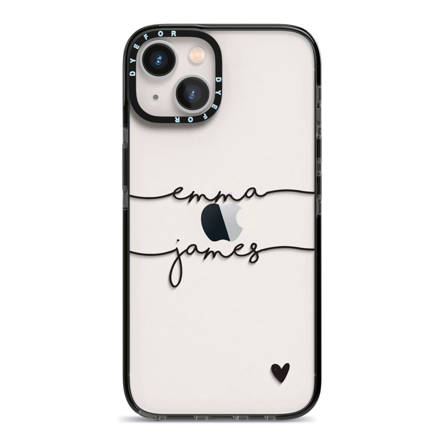 Personalised Black Couples Two Names Heart iPhone 13 Black Impact Case on Silver phone