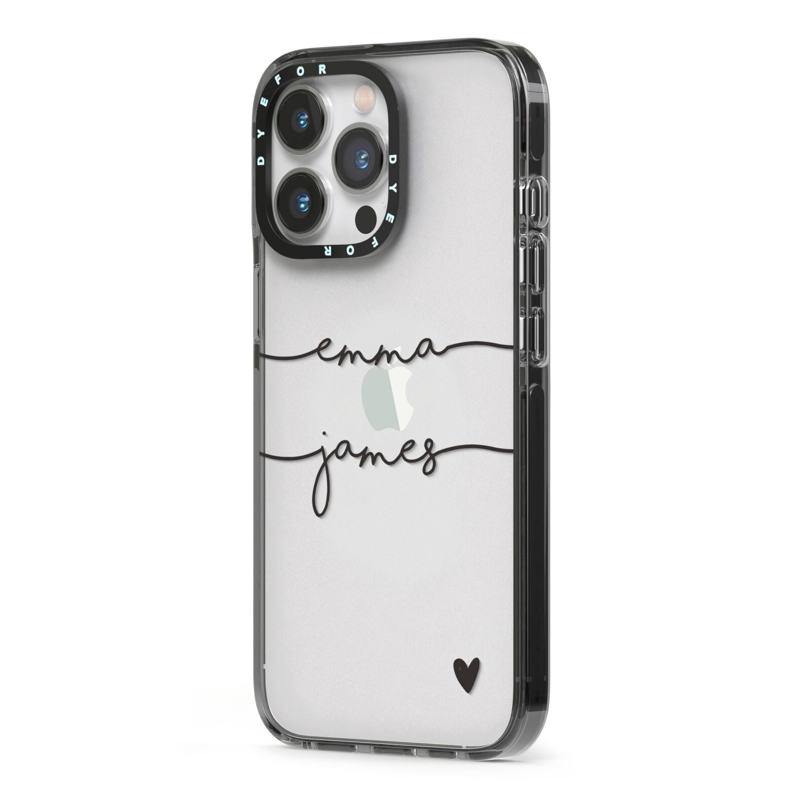 Personalised Black Couples Two Names Heart iPhone 13 Pro Black Impact Case Side Angle on Silver phone