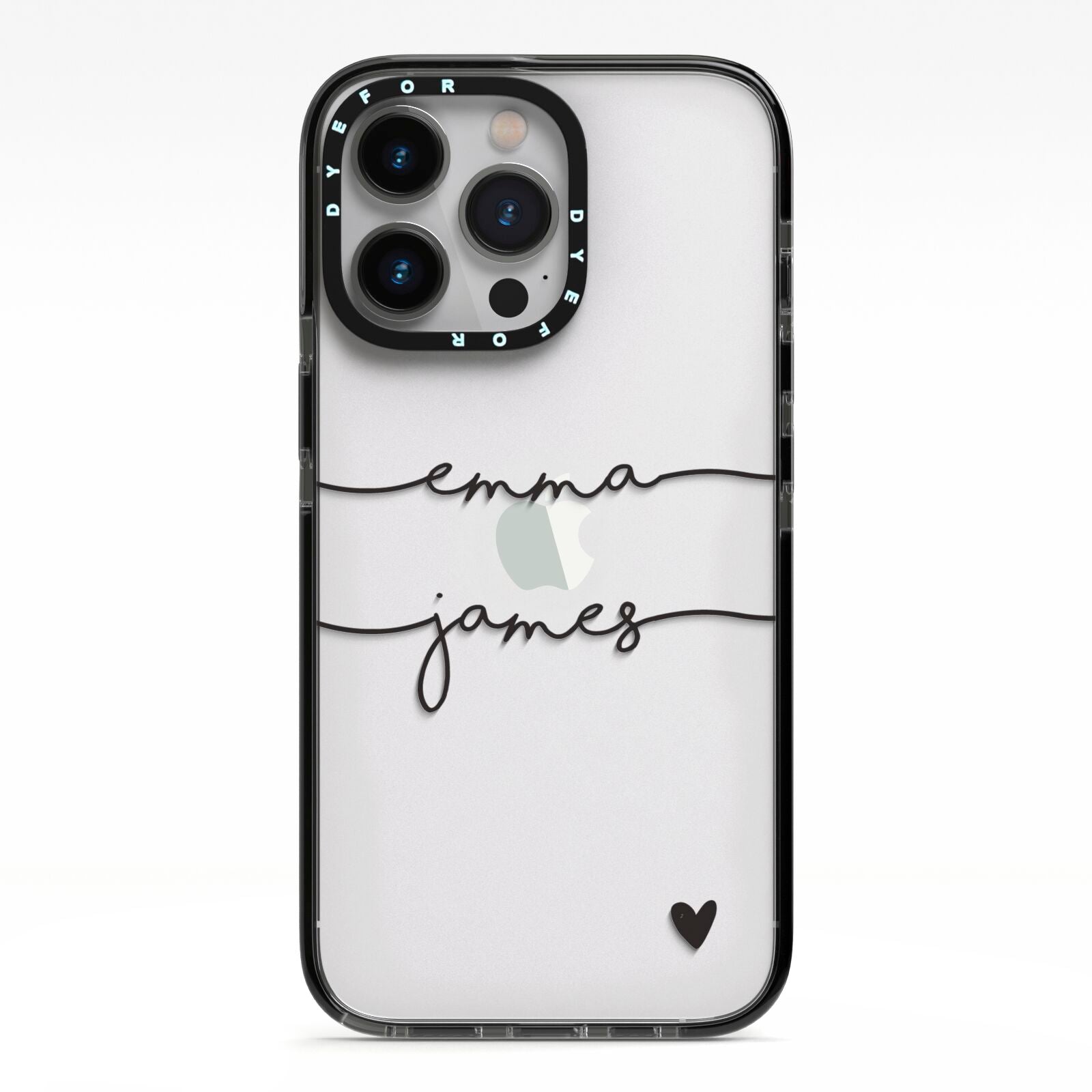 Personalised Black Couples Two Names Heart iPhone 13 Pro Black Impact Case on Silver phone