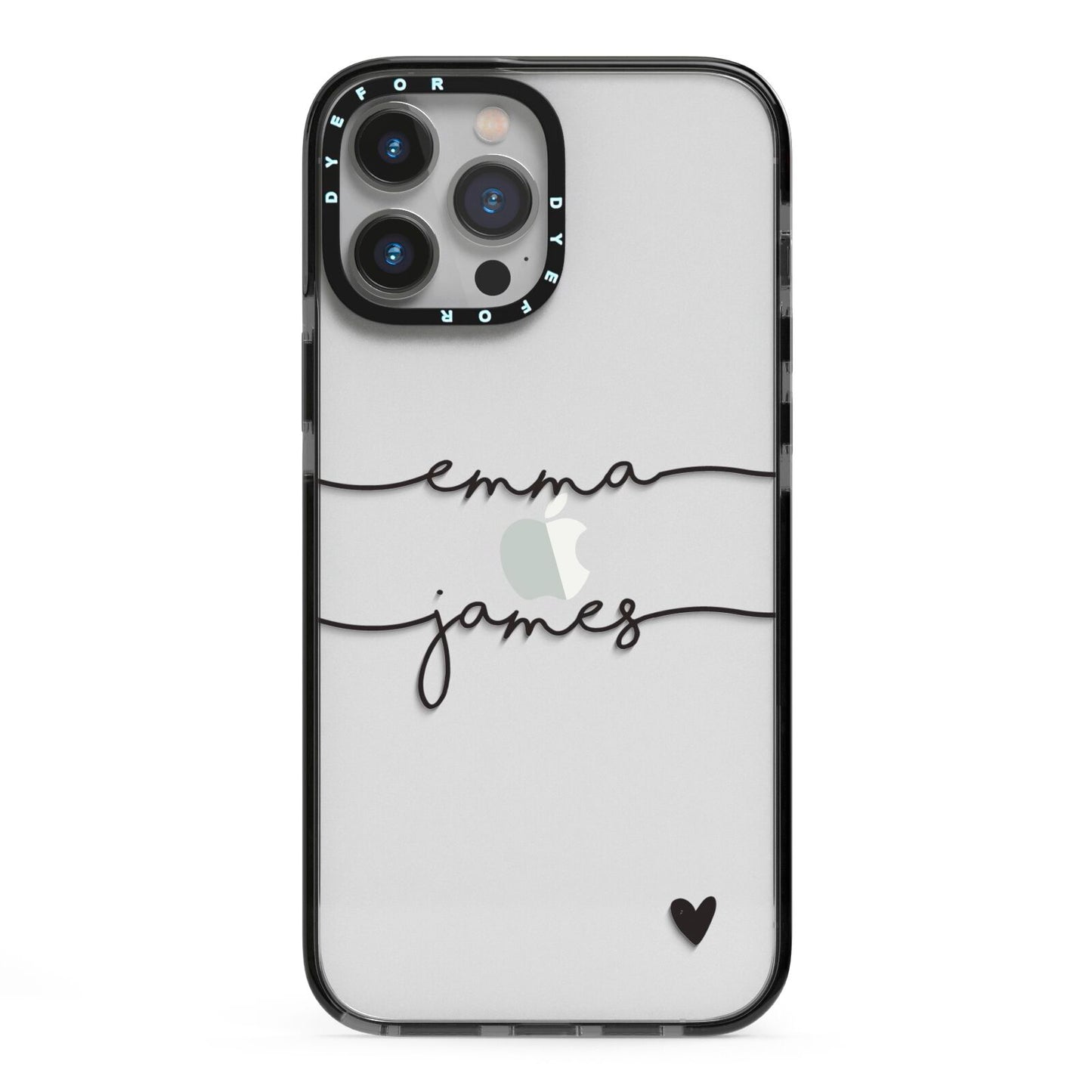 Personalised Black Couples Two Names Heart iPhone 13 Pro Max Black Impact Case on Silver phone