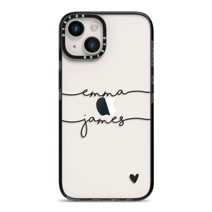 Personalised Black Couples Two Names Heart iPhone 14 Black Impact Case on Silver phone