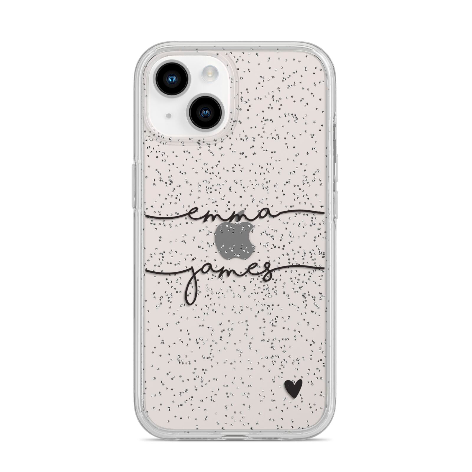 Personalised Black Couples Two Names Heart iPhone 14 Glitter Tough Case Starlight