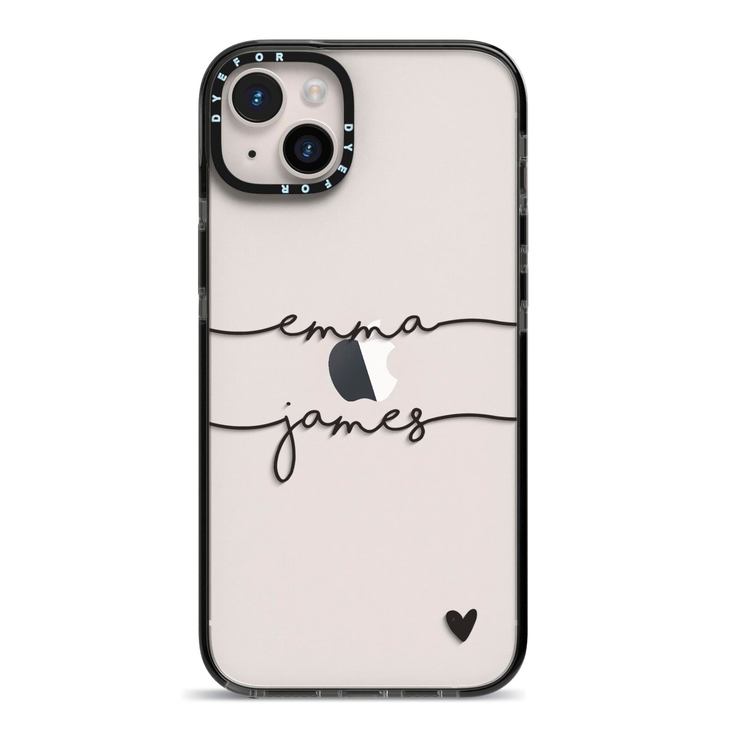 Personalised Black Couples Two Names Heart iPhone 14 Plus Black Impact Case on Silver phone