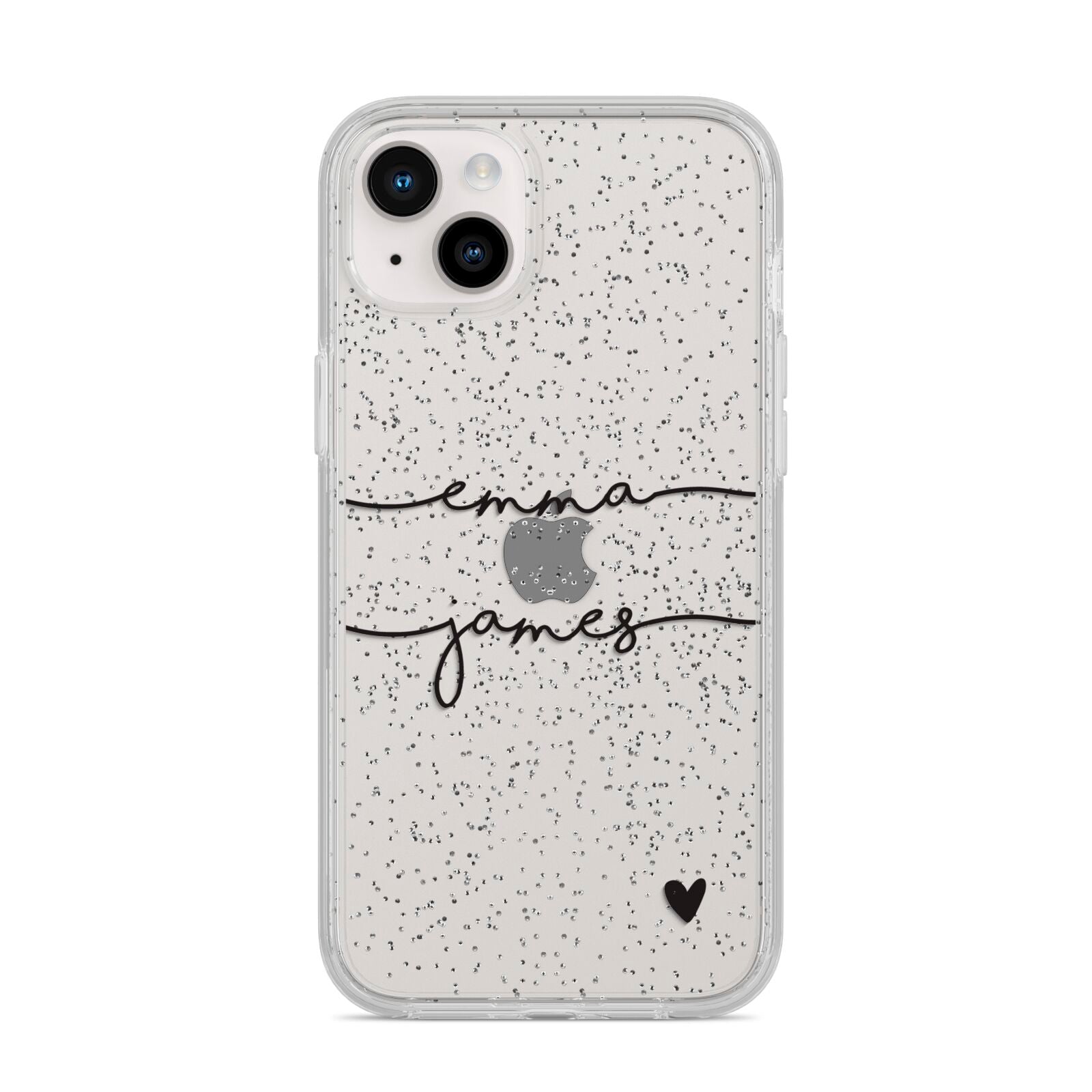 Personalised Black Couples Two Names Heart iPhone 14 Plus Glitter Tough Case Starlight