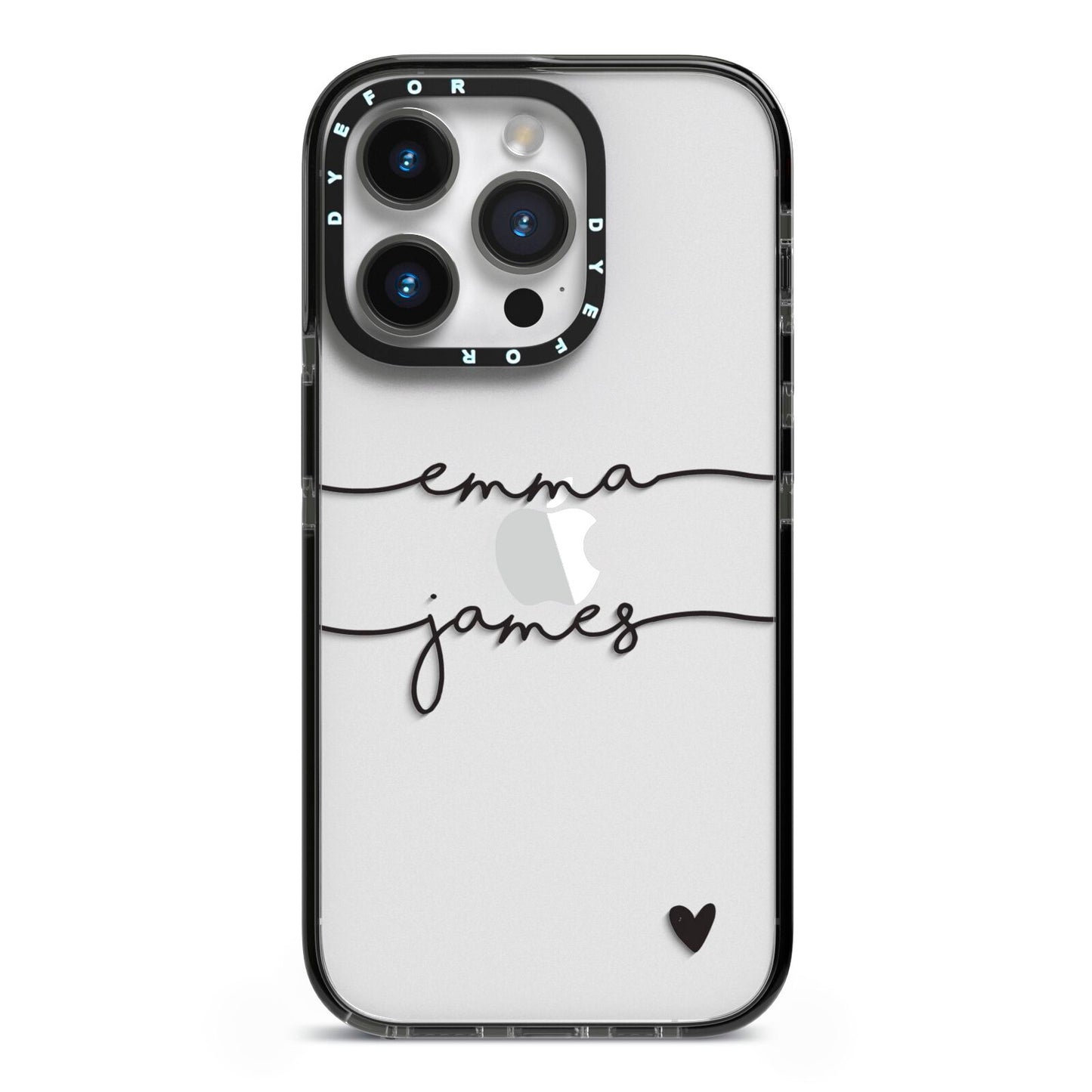 Personalised Black Couples Two Names Heart iPhone 14 Pro Black Impact Case on Silver phone
