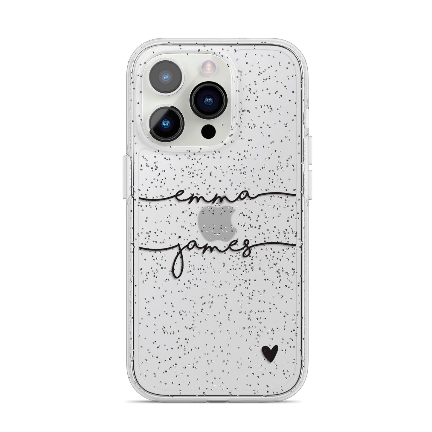 Personalised Black Couples Two Names Heart iPhone 14 Pro Glitter Tough Case Silver