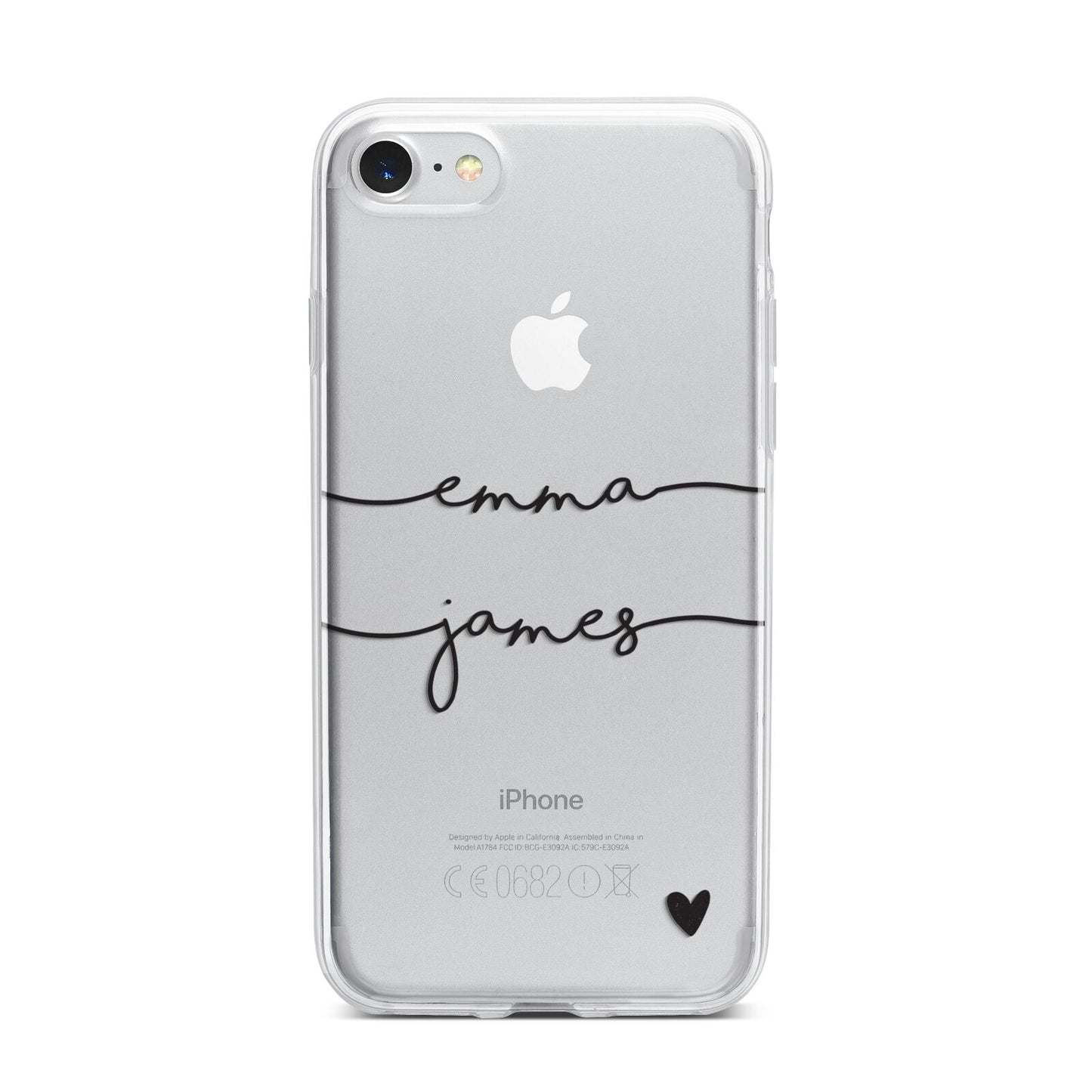 Personalised Black Couples Two Names Heart iPhone 7 Bumper Case on Silver iPhone