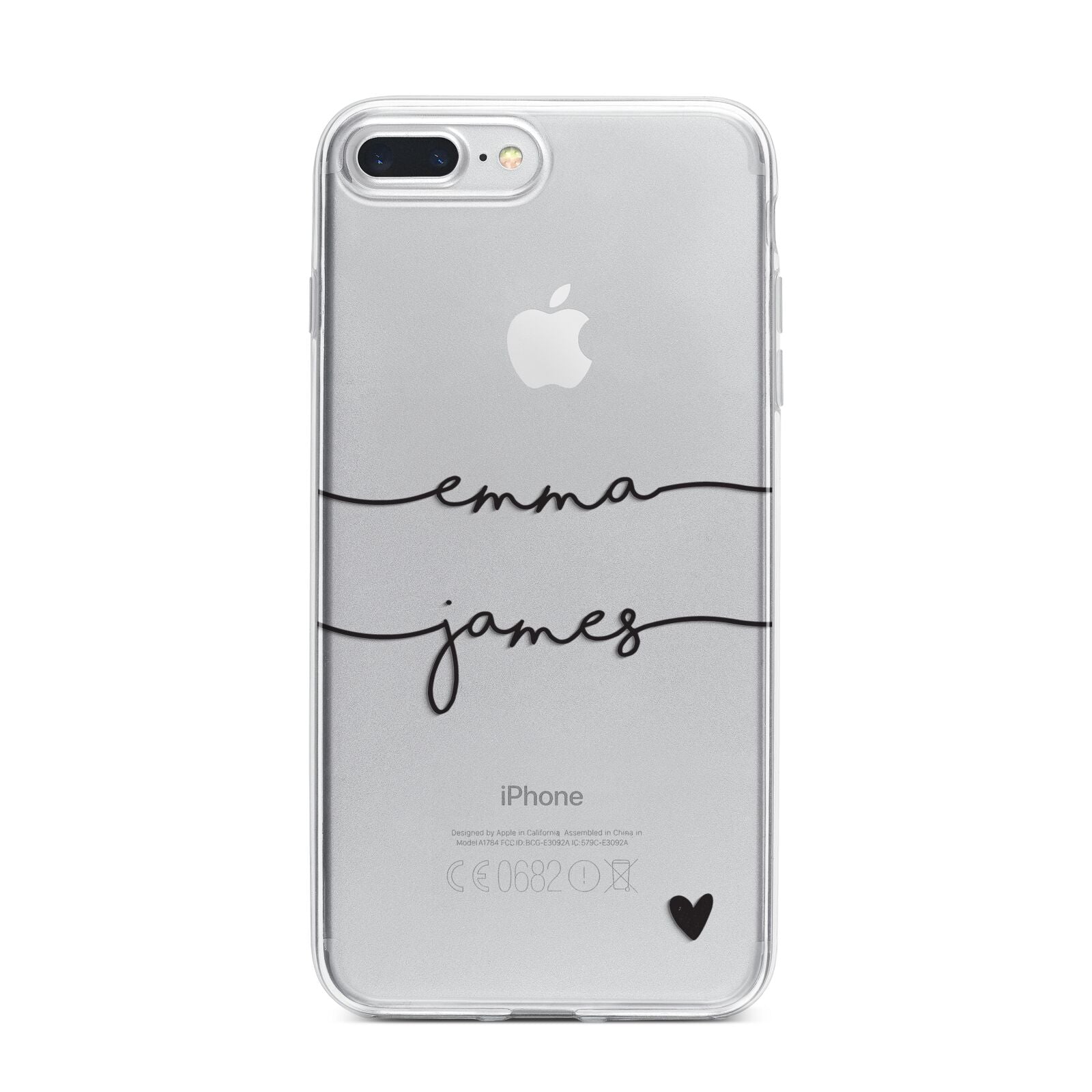 Personalised Black Couples Two Names Heart iPhone 7 Plus Bumper Case on Silver iPhone