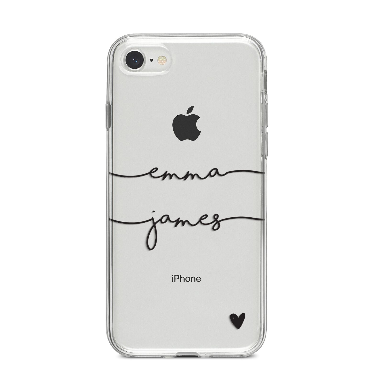 Personalised Black Couples Two Names Heart iPhone 8 Bumper Case on Silver iPhone