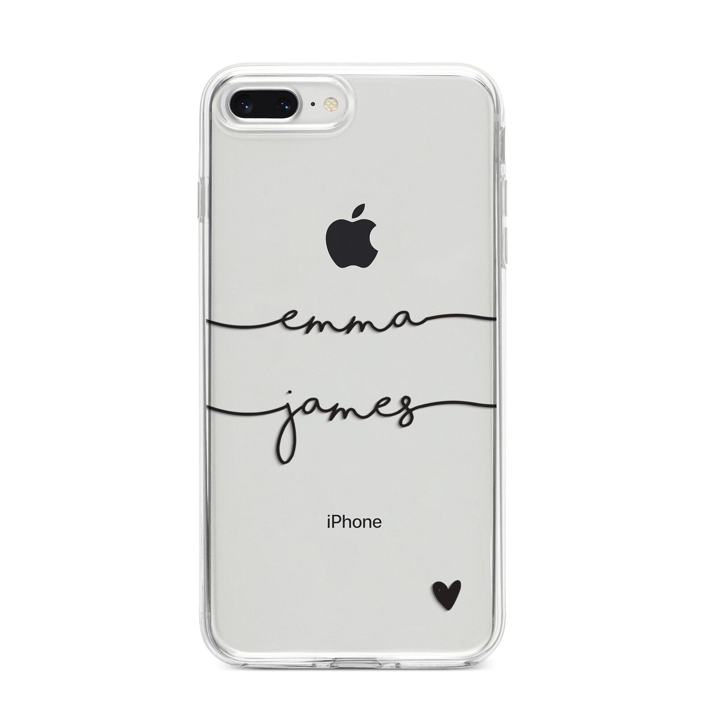 Personalised Black Couples Two Names Heart iPhone 8 Plus Bumper Case on Silver iPhone