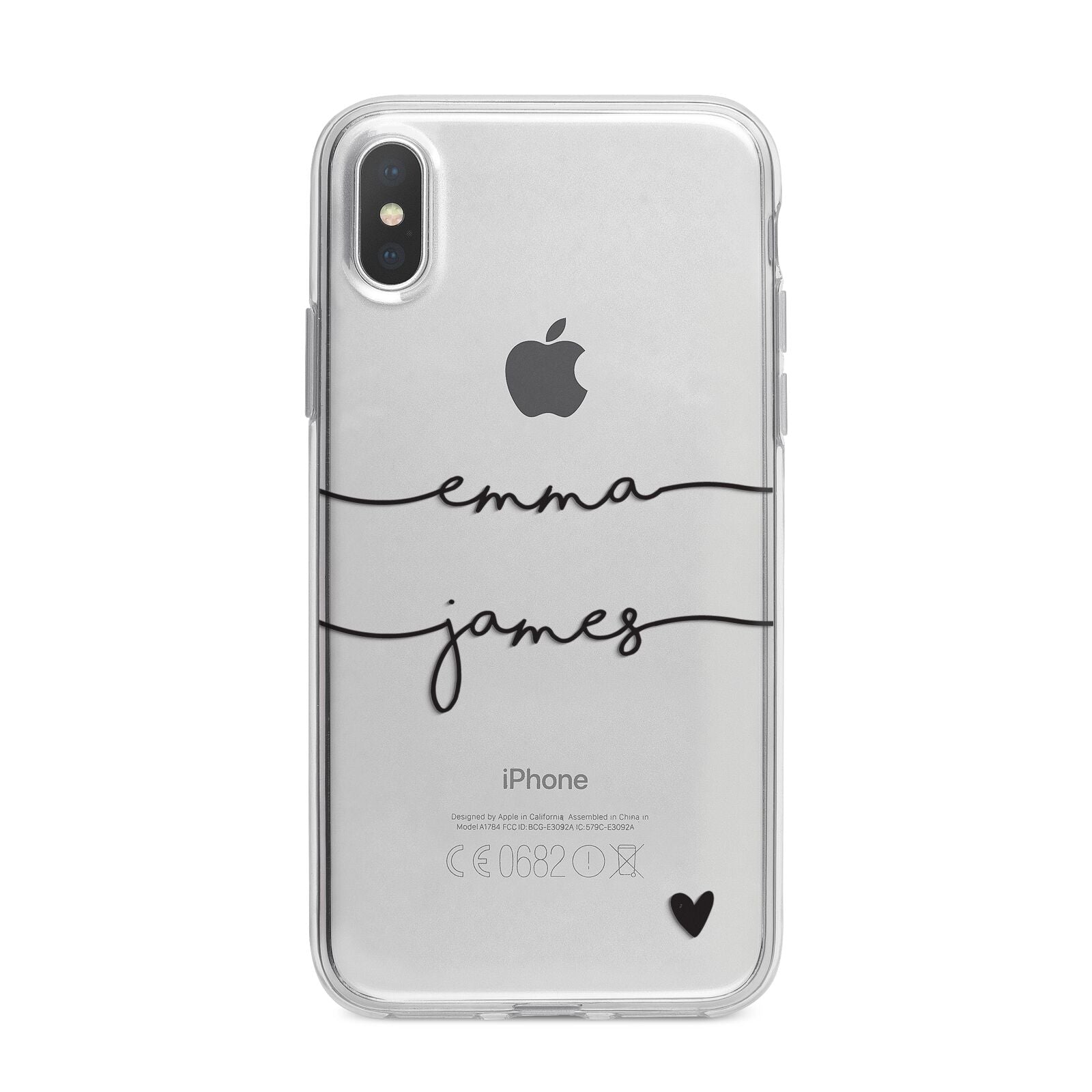 Personalised Black Couples Two Names Heart iPhone X Bumper Case on Silver iPhone Alternative Image 1