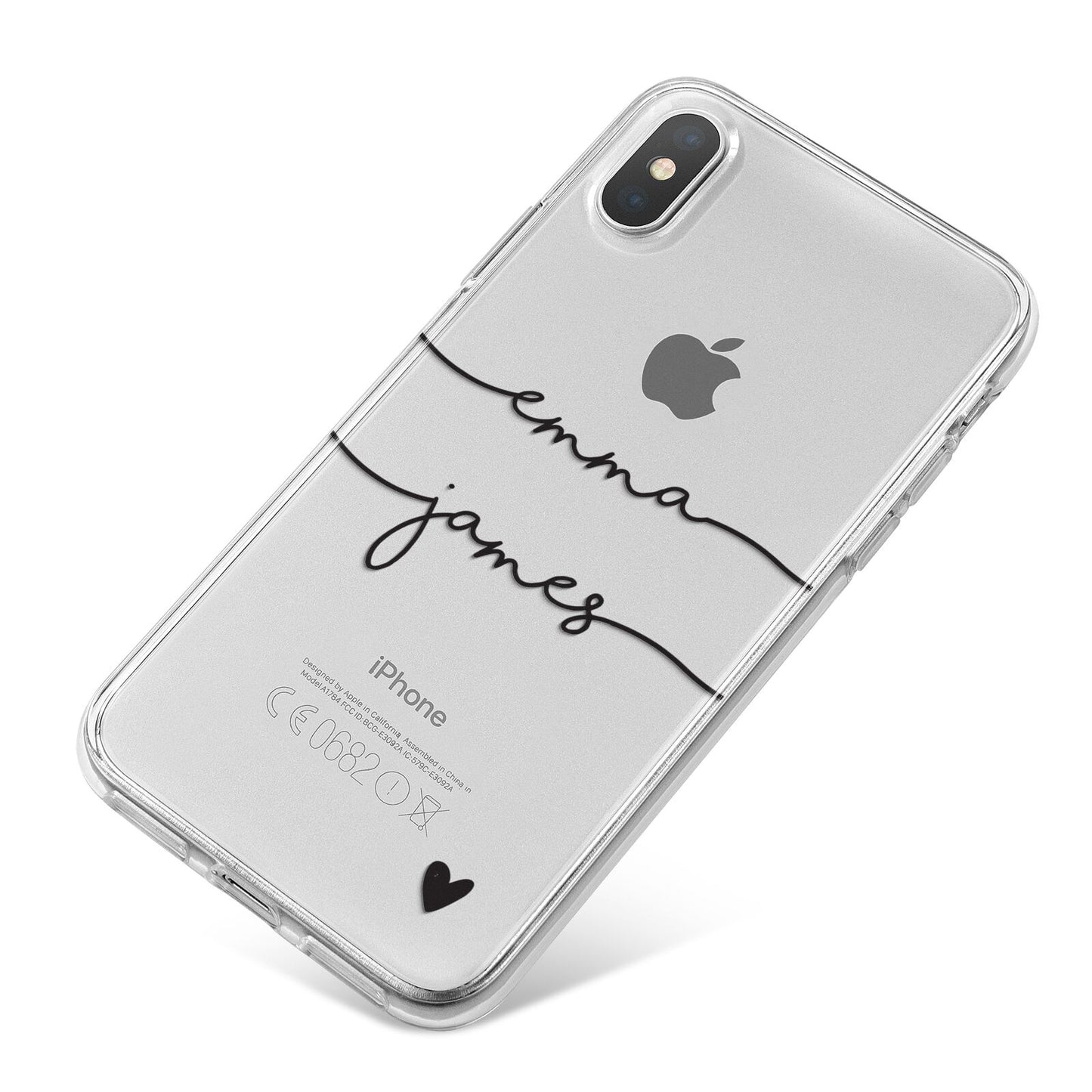 Personalised Black Couples Two Names Heart iPhone X Bumper Case on Silver iPhone