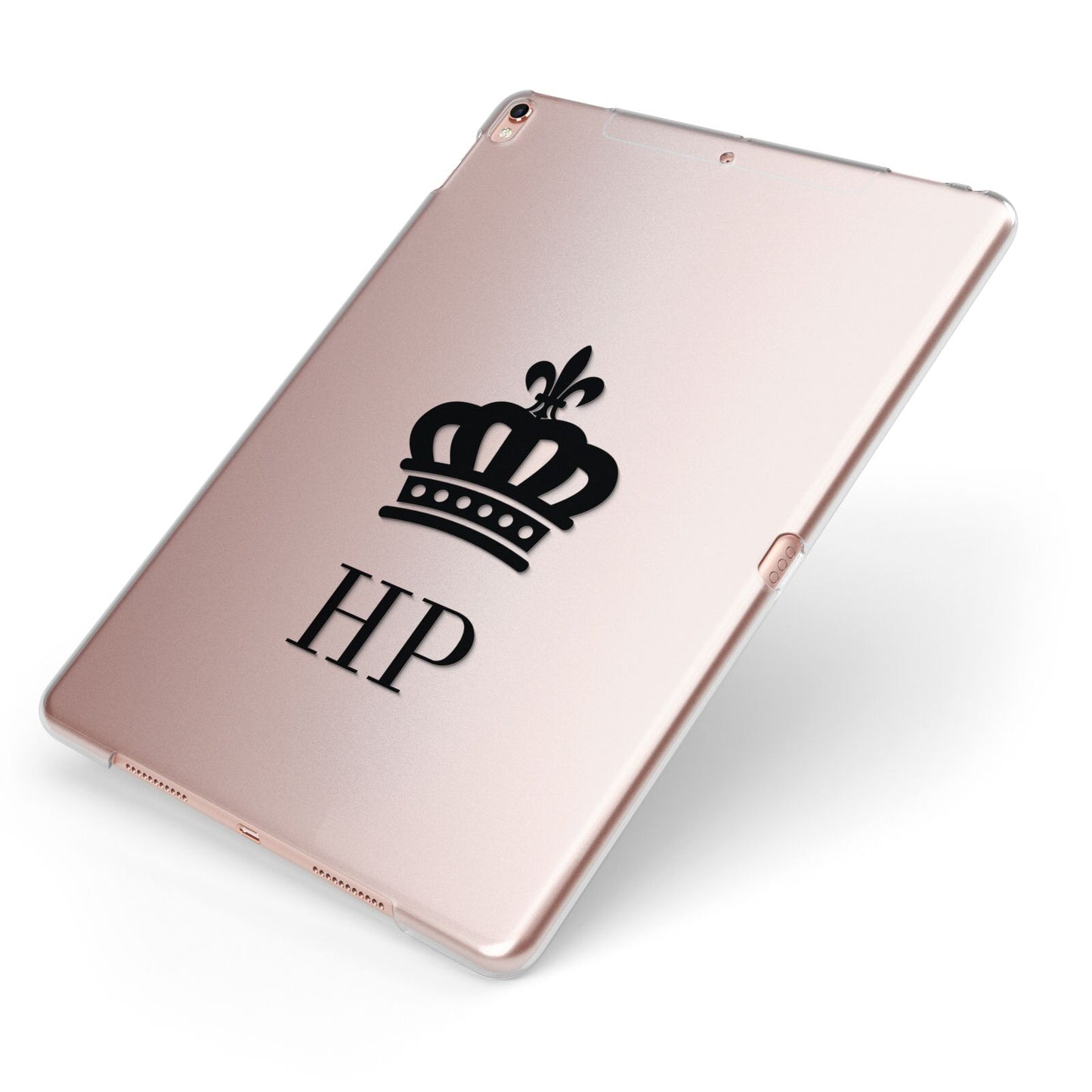 Personalised Black Crown Initials Clear Apple iPad Case on Rose Gold iPad Side View