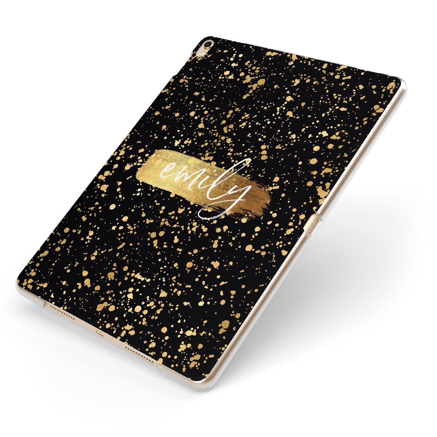 Personalised Black Gold Ink Splat Name Apple iPad Case on Gold iPad Side View