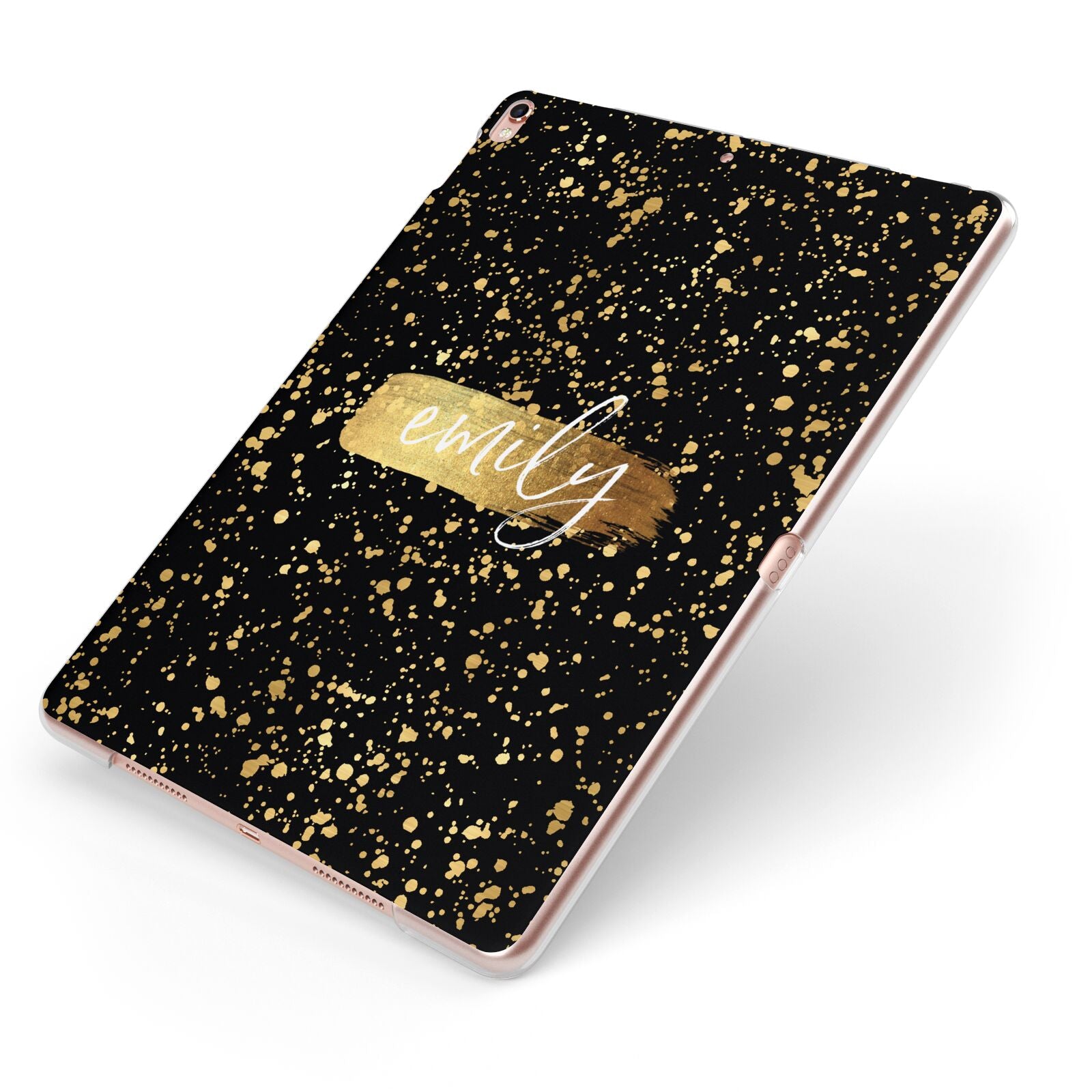 Personalised Black Gold Ink Splat Name Apple iPad Case on Rose Gold iPad Side View