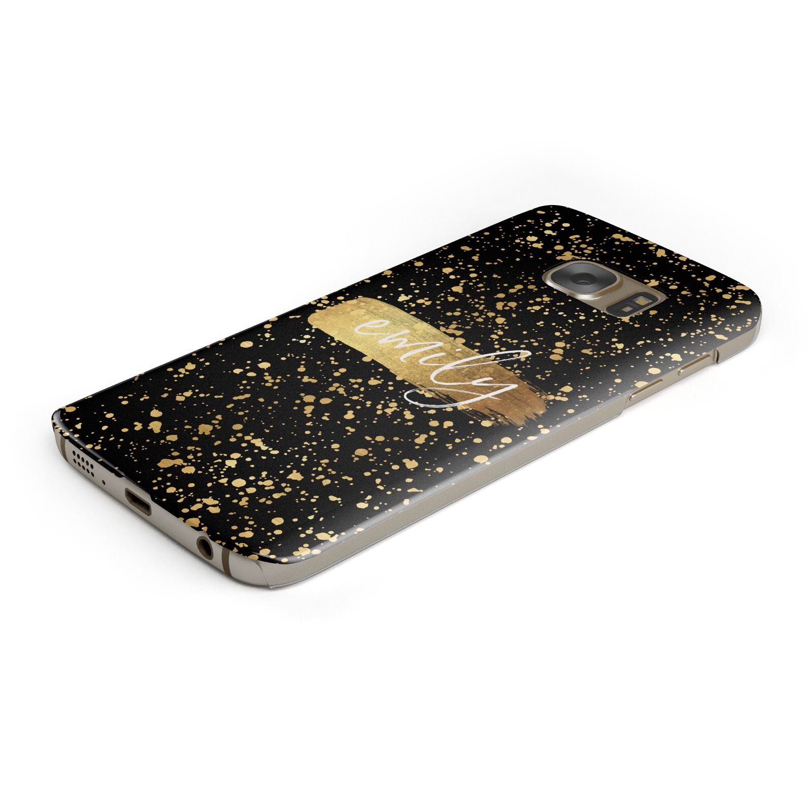 Personalised Black Gold Ink Splat Name Protective Samsung Galaxy Case Angled Image
