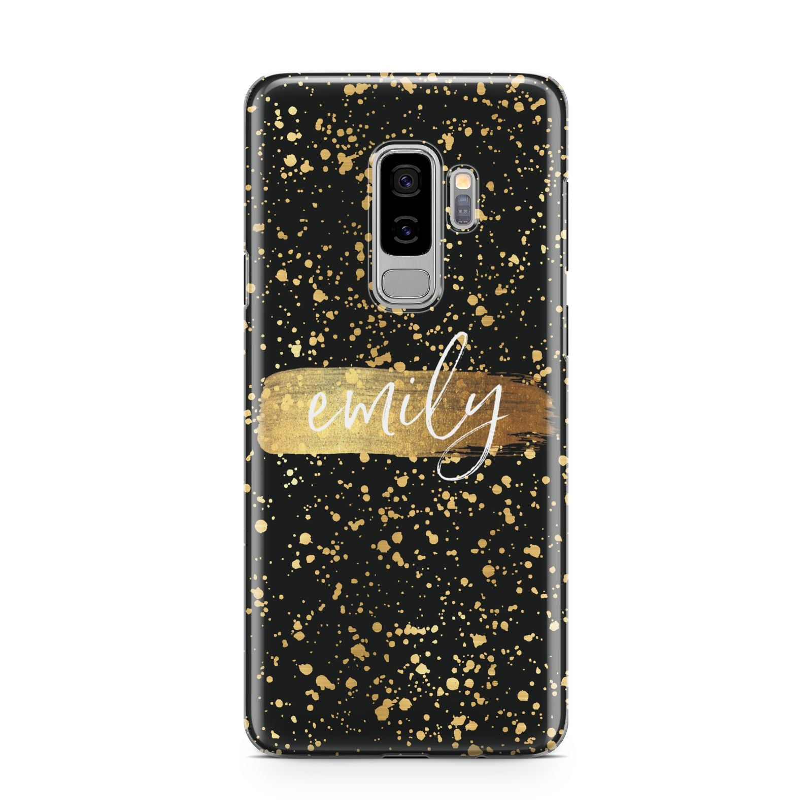Personalised Black Gold Ink Splat Name Samsung Galaxy S9 Plus Case on Silver phone