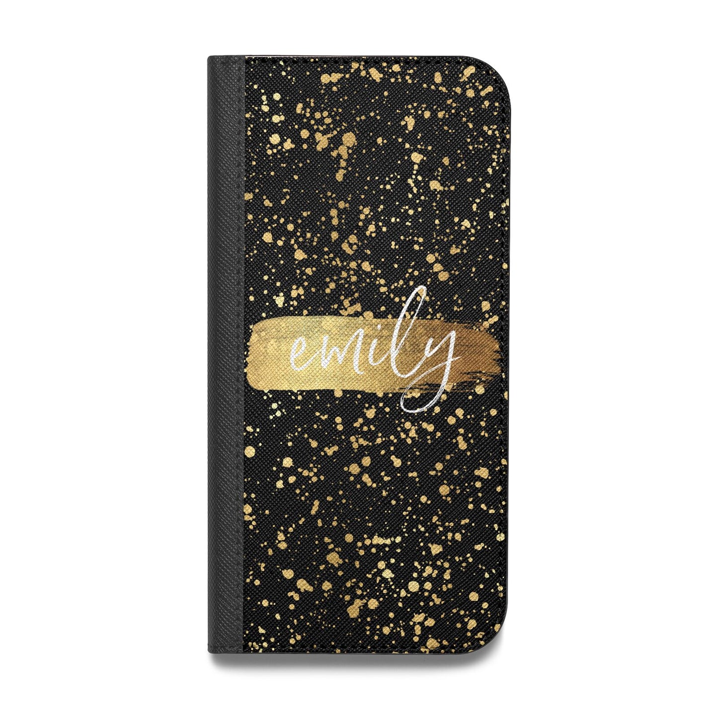 Personalised Black Gold Ink Splat Name Vegan Leather Flip iPhone Case