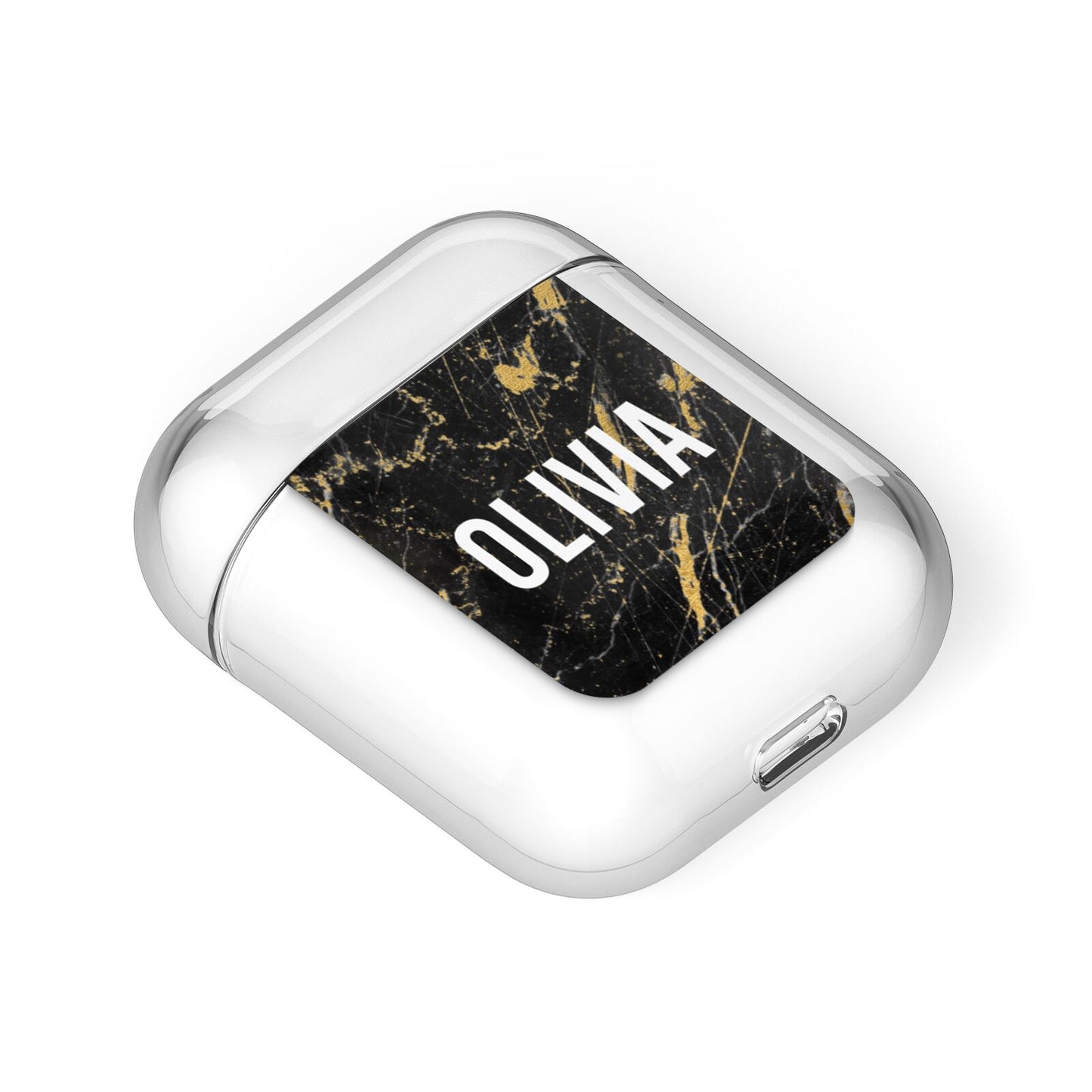 Personalised Black Gold Marble Name AirPods Case Laid Flat