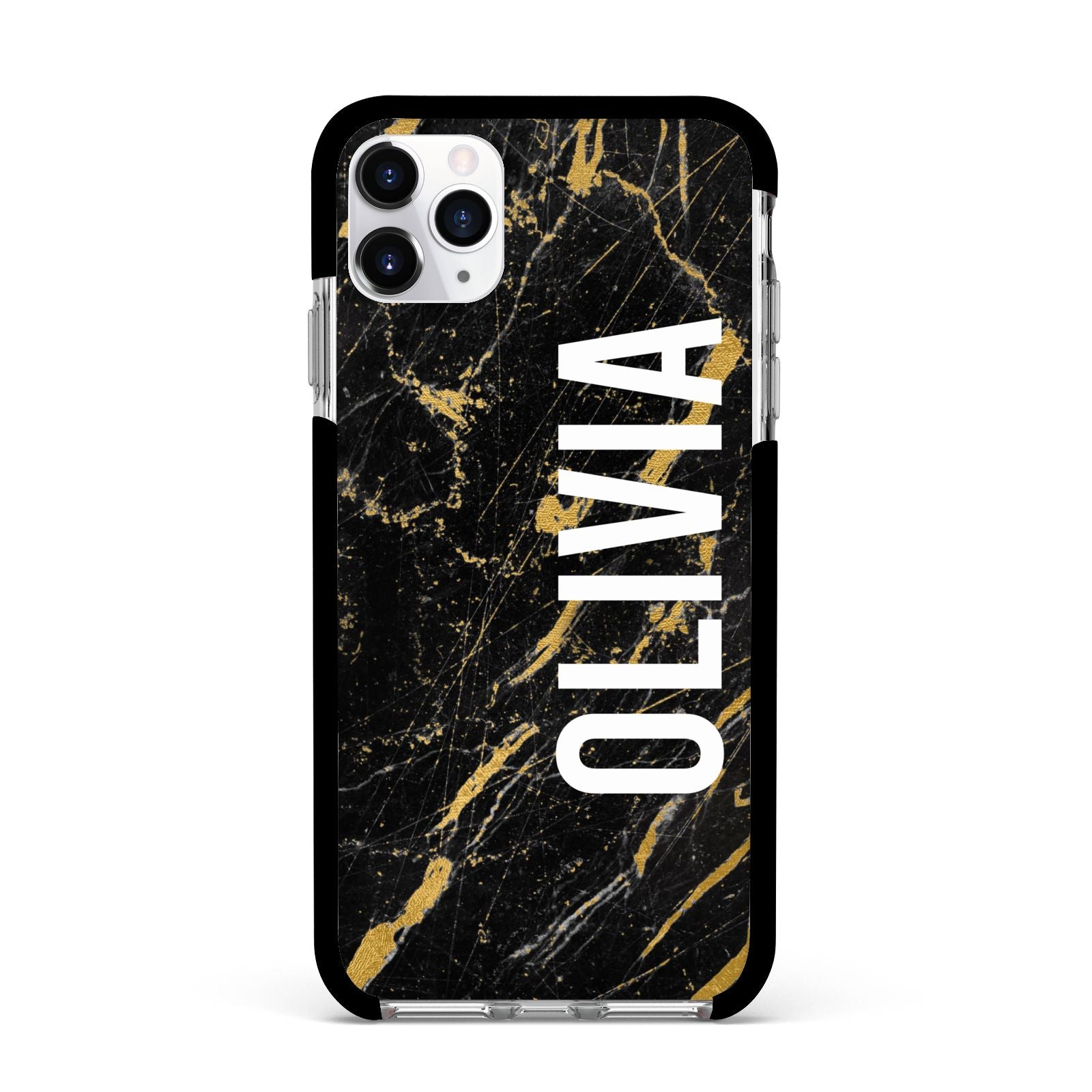 Personalised Black Gold Marble Name Apple iPhone 11 Pro Max in Silver with Black Impact Case