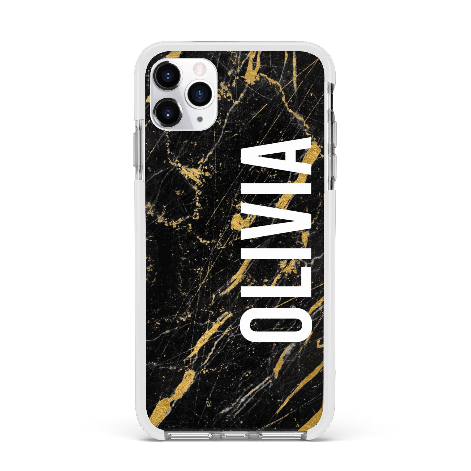 Personalised Black Gold Marble Name Apple iPhone 11 Pro Max in Silver with White Impact Case
