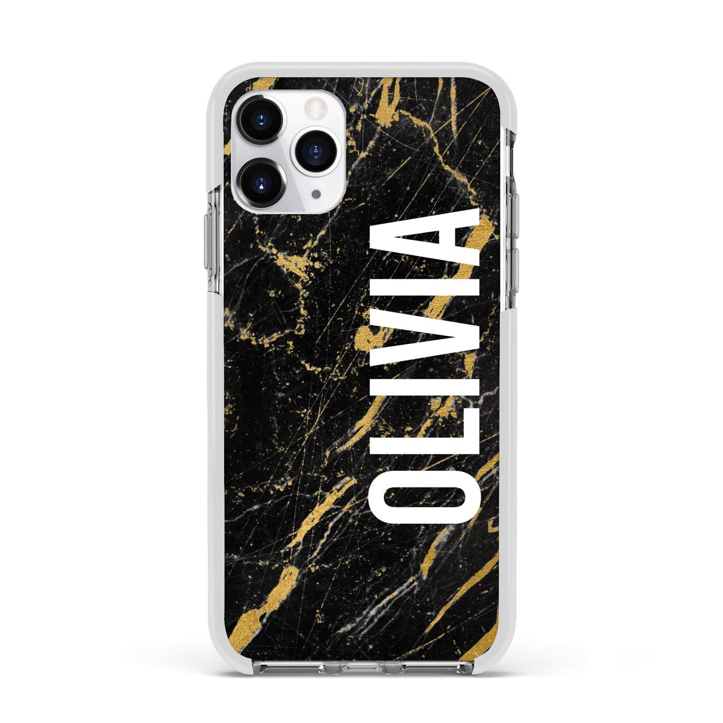 Personalised Black Gold Marble Name Apple iPhone 11 Pro in Silver with White Impact Case