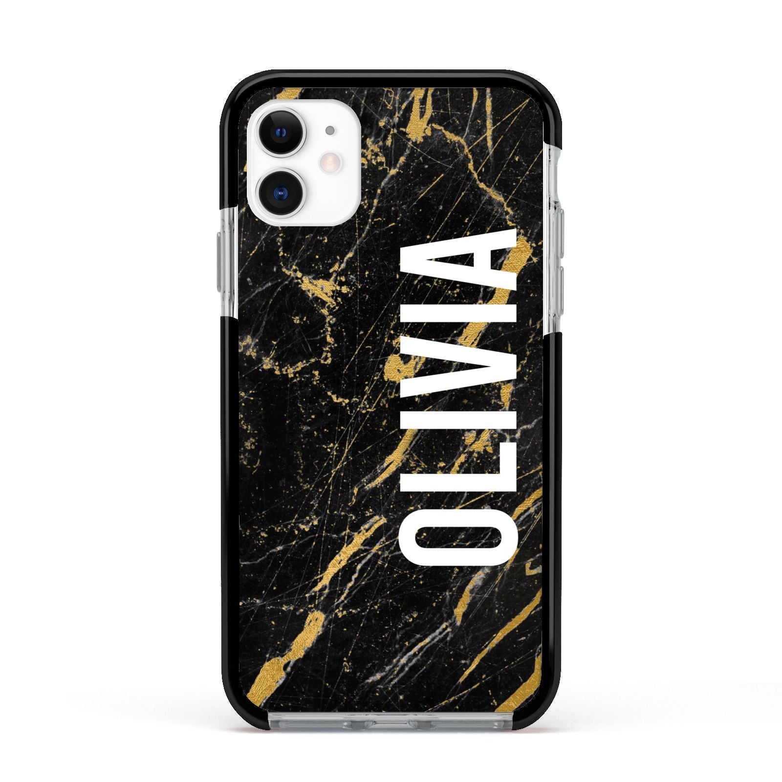 Personalised Black Gold Marble Name Apple iPhone 11 in White with Black Impact Case