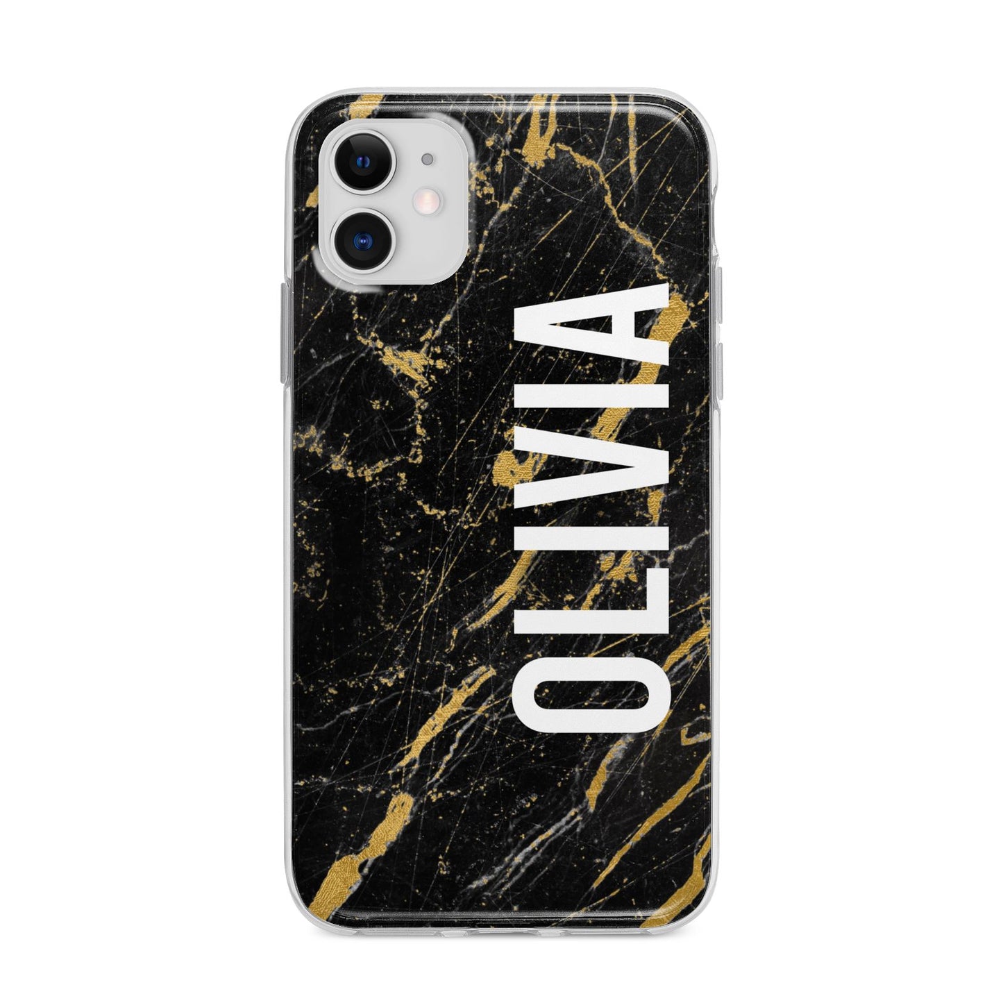 Personalised Black Gold Marble Name Apple iPhone 11 in White with Bumper Case