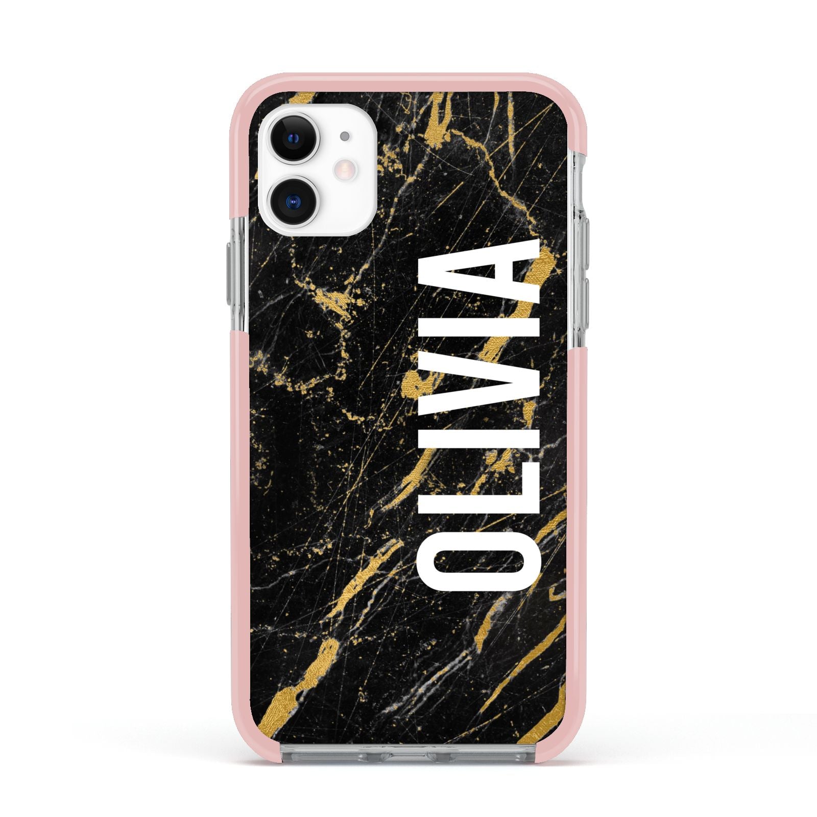 Personalised Black Gold Marble Name Apple iPhone 11 in White with Pink Impact Case
