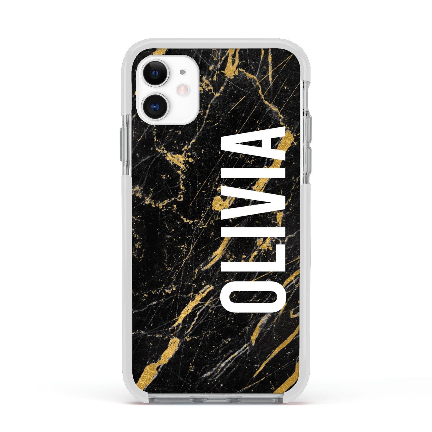 Personalised Black Gold Marble Name Apple iPhone 11 in White with White Impact Case