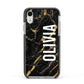 Personalised Black Gold Marble Name Apple iPhone XR Impact Case Black Edge on Silver Phone