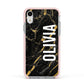 Personalised Black Gold Marble Name Apple iPhone XR Impact Case Pink Edge on Silver Phone