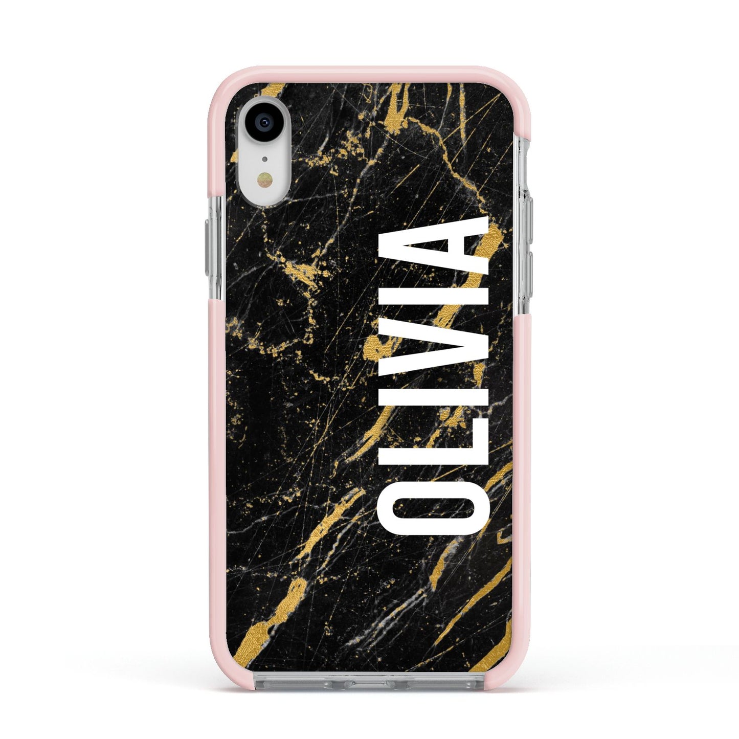 Personalised Black Gold Marble Name Apple iPhone XR Impact Case Pink Edge on Silver Phone