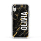Personalised Black Gold Marble Name Apple iPhone XR Impact Case White Edge on Silver Phone